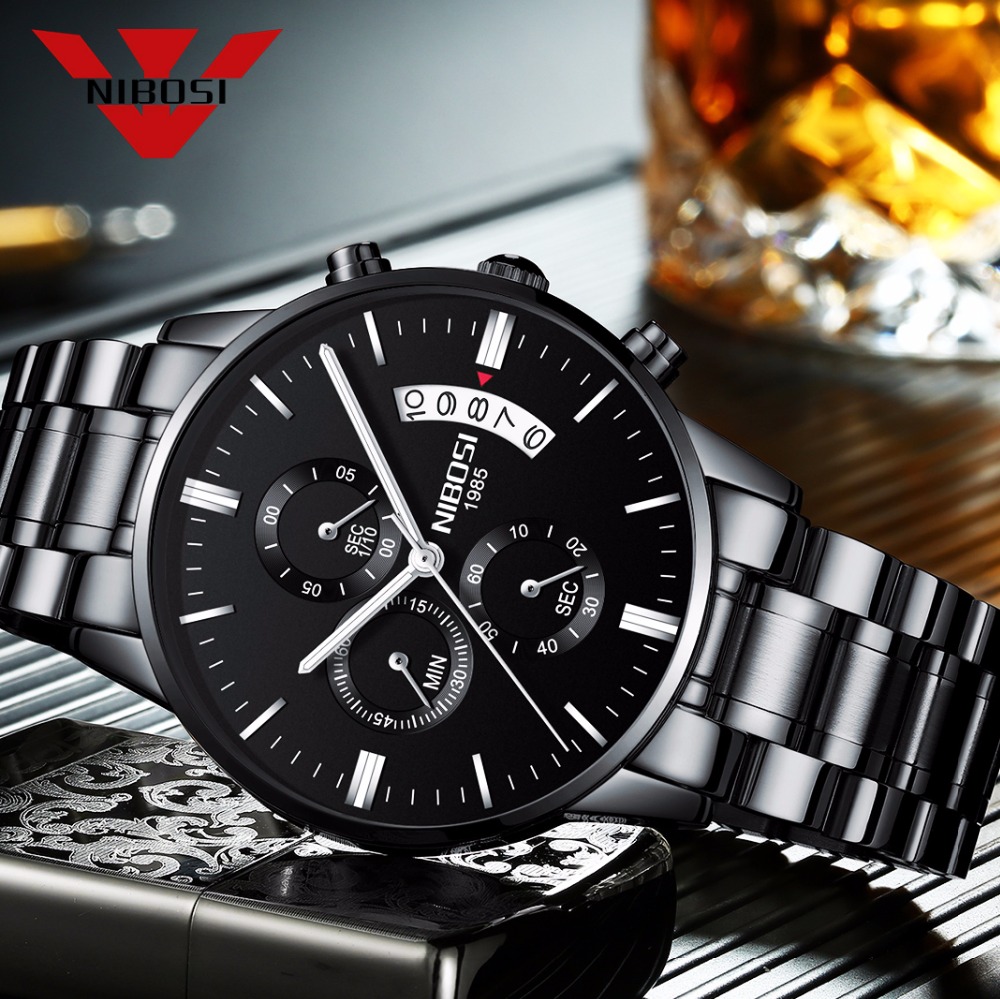Luxury Watch Name - NIBOSI czarny zegarek kwarcowy ze stali